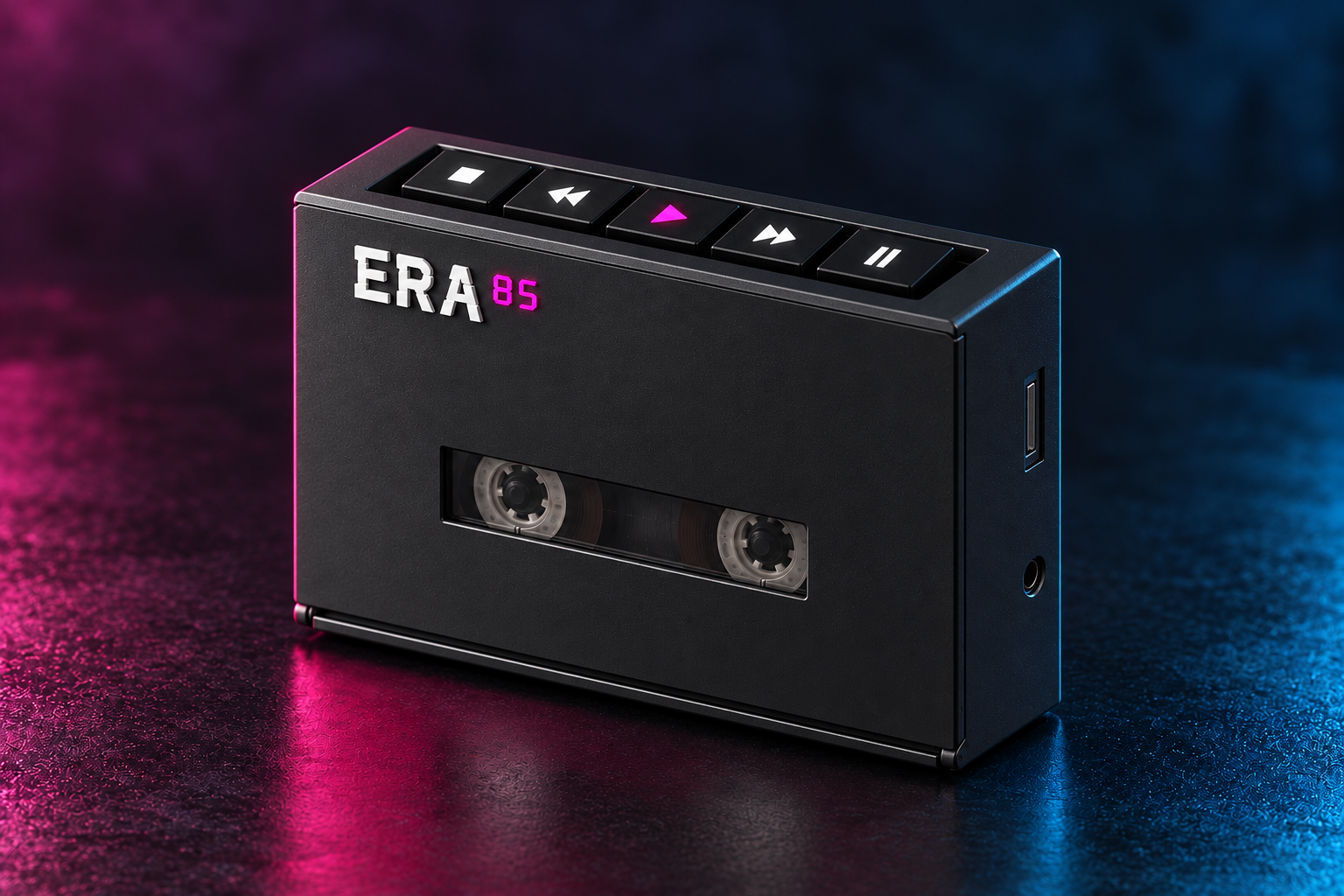 ERA85 cassette player prototype in magenta and blue studio lighting