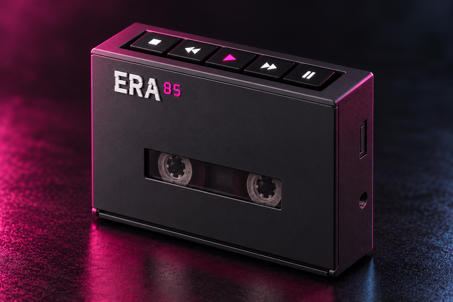 Close-up of ERA85 prototype transport controls and branding