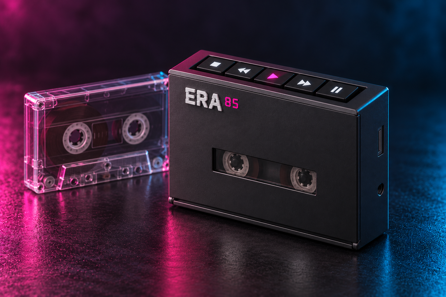 ERA85 brand scene with cassette player and cassette case under neon lighting