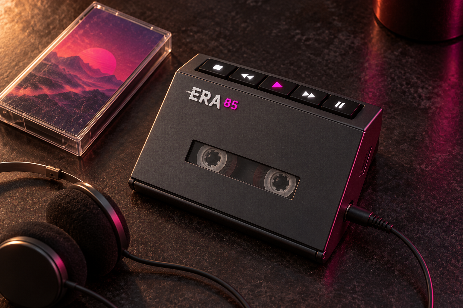 ERA85 prototype lying on a counter beside a cassette case and wired headphones